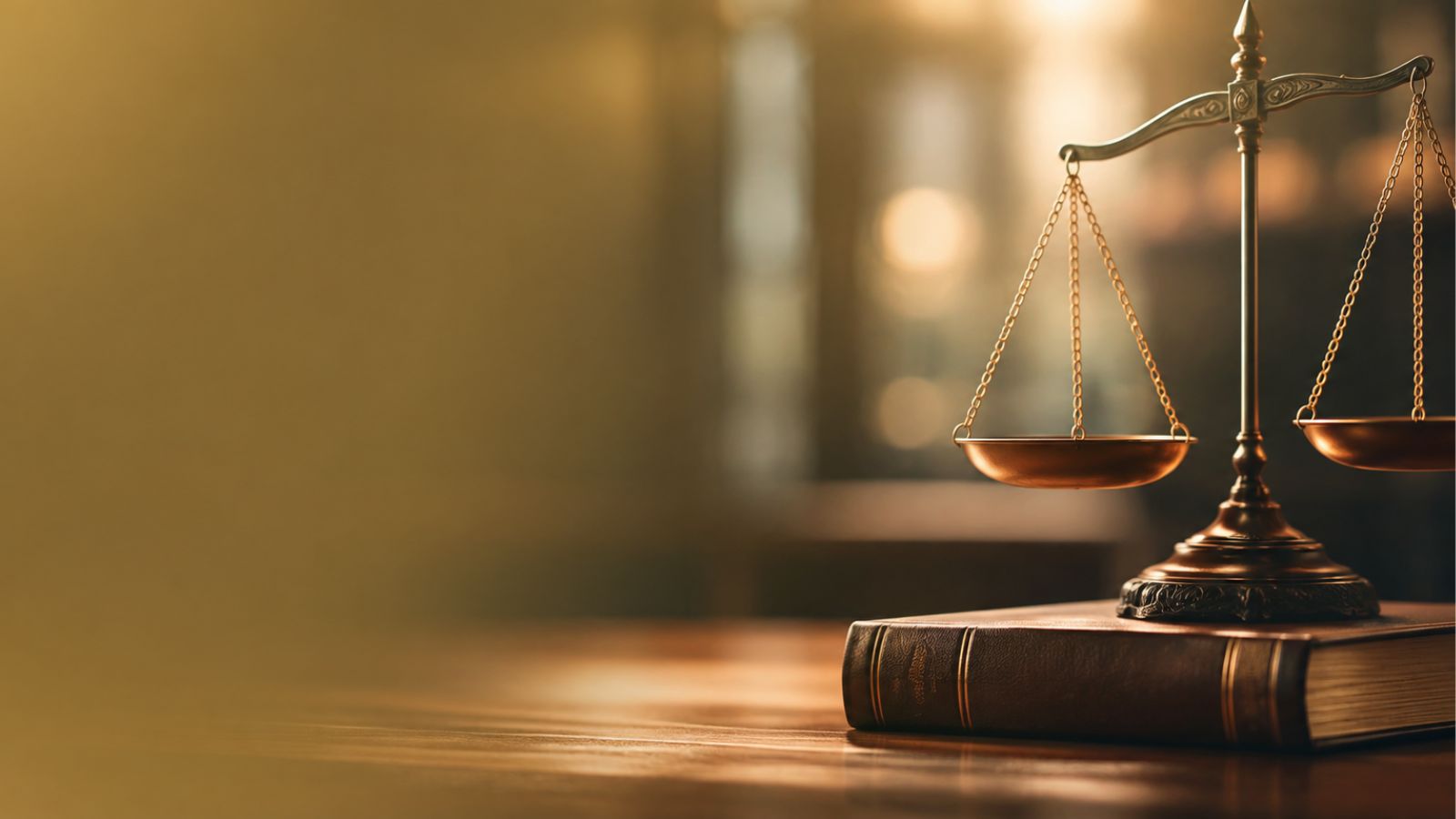 Balança da justiça dourada sobre uma mesa de madeira ao lado de livros de direito, ambiente de escritório de advocacia com iluminação quente dourada, fundo desfocado de estante e janela, mood sofisticado e clássico, fotografia profissional ultra-realista