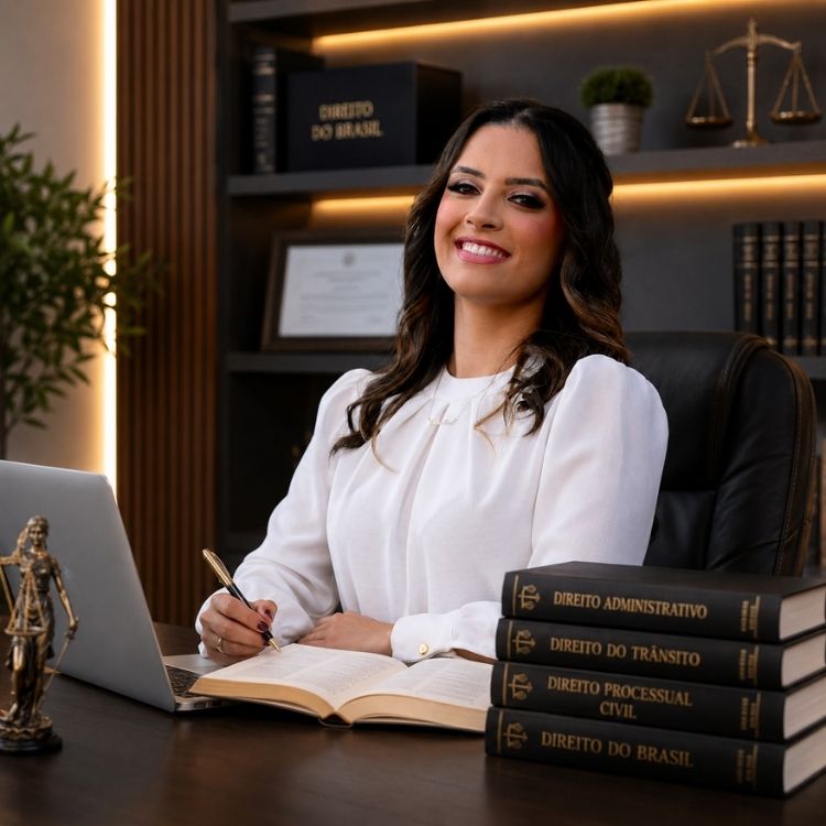Advogada especialista em Direito de Trânsito em pé em biblioteca jurídica elegante, terno preto sofisticado, expressão confiante e acolhedora, paleta preto e dourado, iluminação profissional, fotografia realista de estúdio